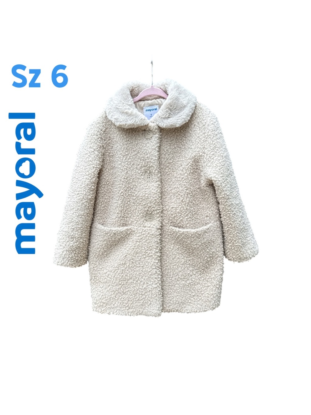 Mayoral Cream Off-White Faux Fur Teddy Boucle Coat Jacket Size 6 Spanish Boutiqu